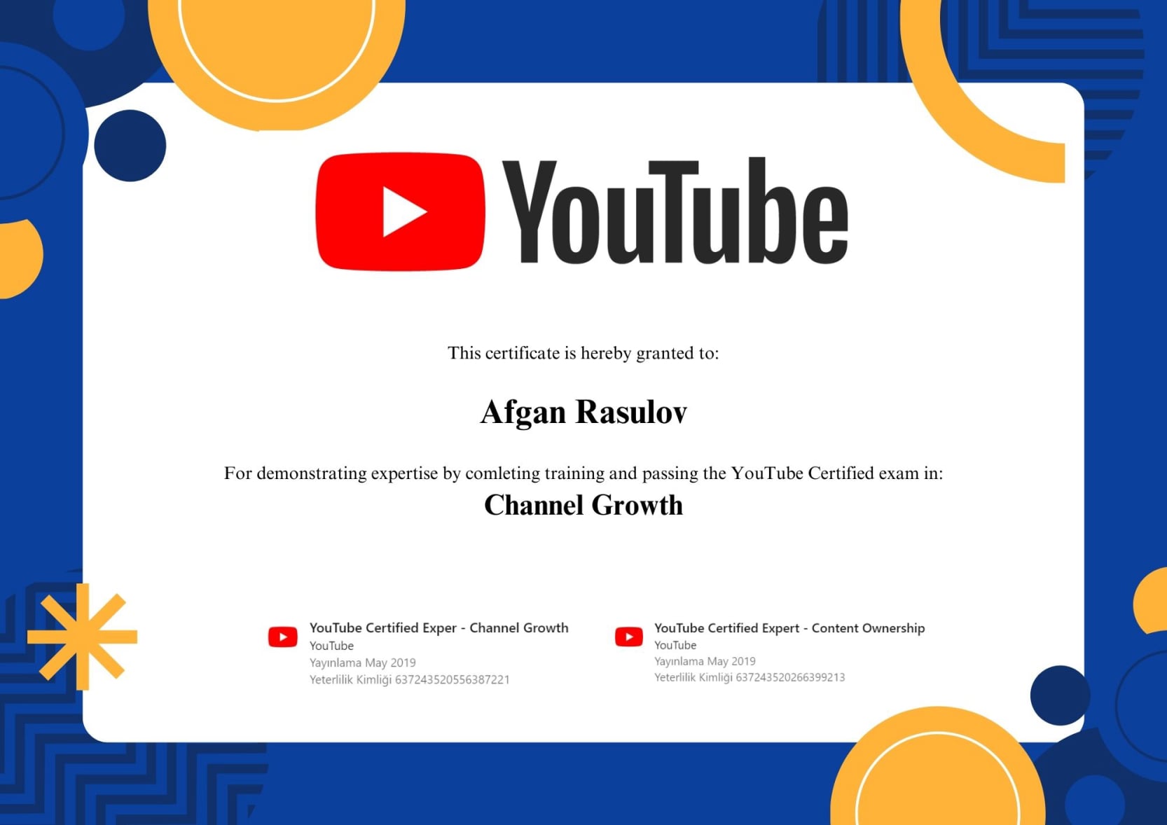 Afgan Rasulov YouTube Kanal Geliştirme Uzmanlık Sertifikası